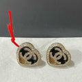 Chanel Diamond Paved Heart Black Enamel Stud Earrings