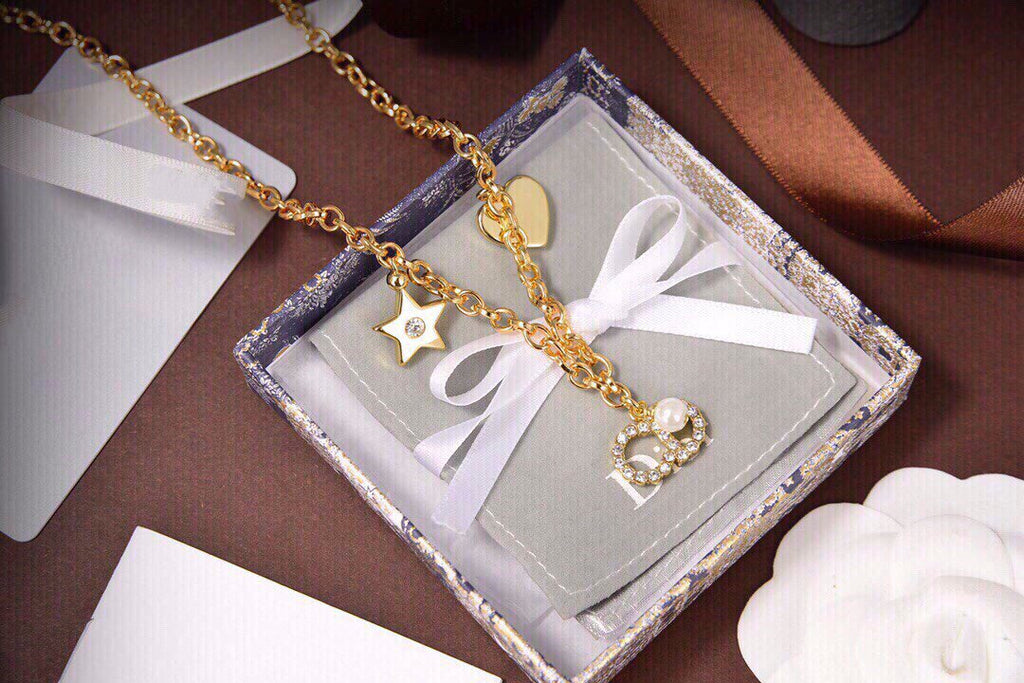 Dior CD Pearl Star Heart Gold Diamond Necklace