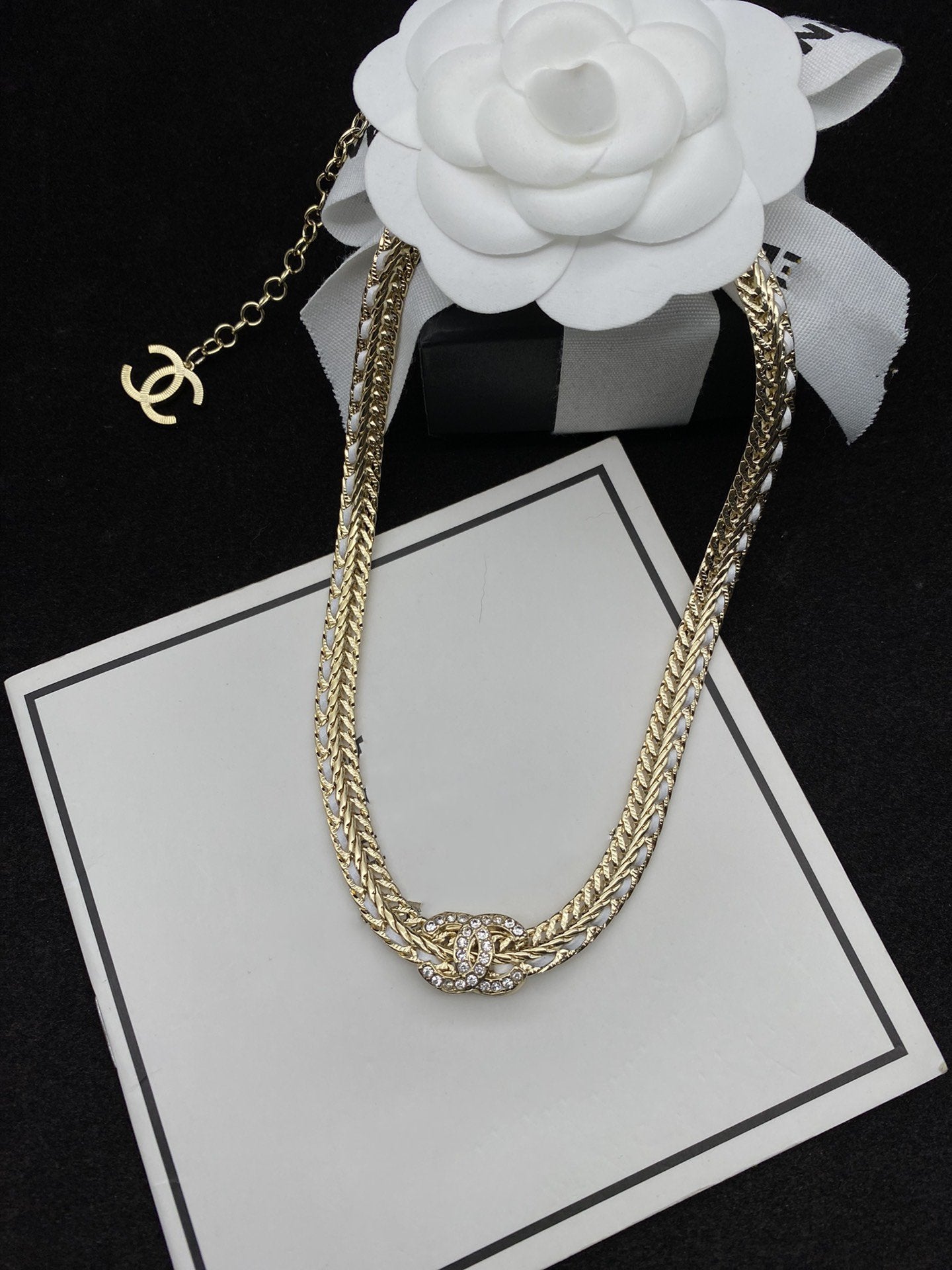 Chanel Double C White String Necklace Gold Diamond