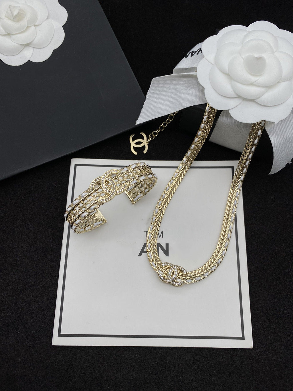 Chanel Double C White String Necklace Gold Diamond