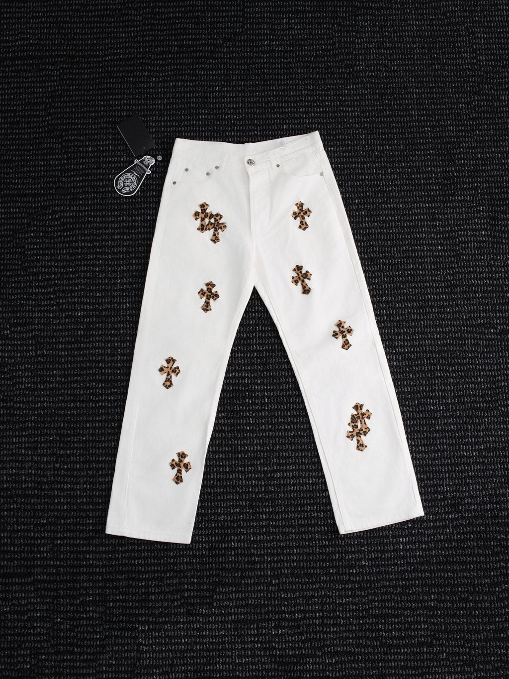 Chrome Hearts Leopard Cross Patch White Jeans — hero