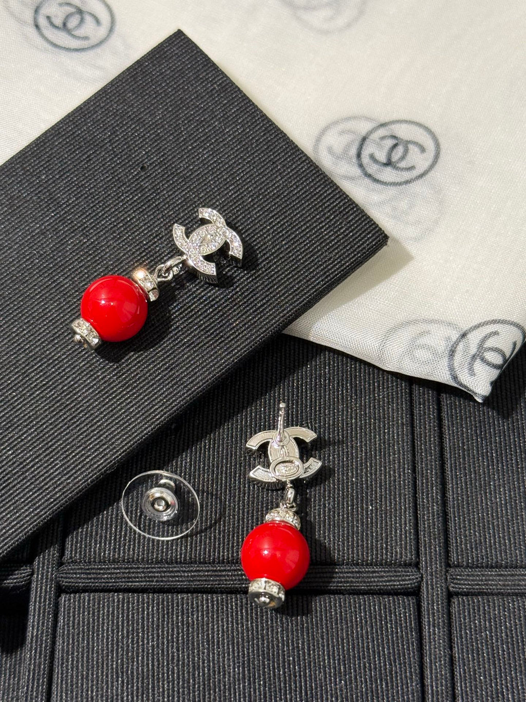 Chanel 2026 Silver Full Diamond Double C Red Bead Earrings