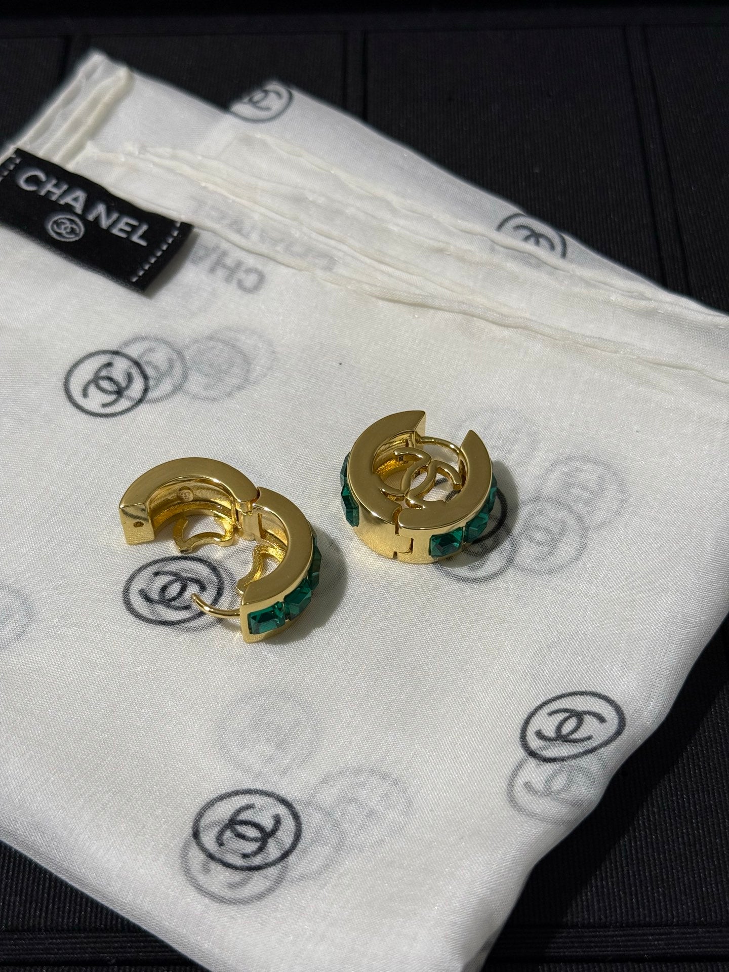 Chanel 2026 Emerald Square Diamond Gold Double C Hoop Stud Earrings